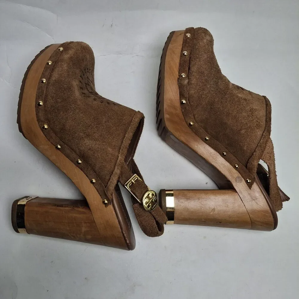 Tory Burch Brayden Slingback Clog 8M Brown Gold Wood Heel Studded Summer Party